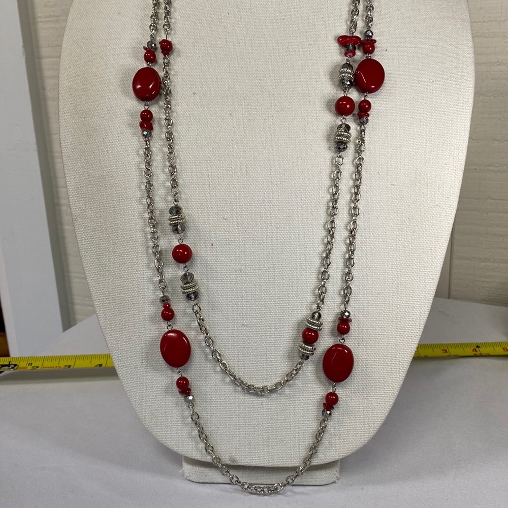 Long vintage double Silvertone chain and red bead necklace